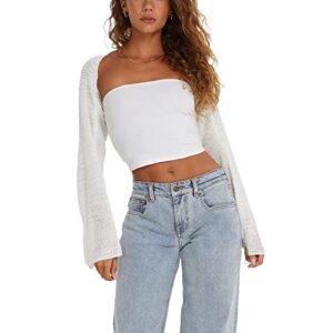 Women Y2K Crochet Shrug Sweater Knitted Long Sleeve Solid Color Open Front Cropped Cardigan Crop Tops Streetwear (F Creamy, M)