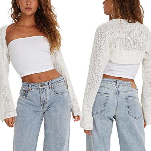 Women Y2K Crochet Shrug Sweater Knitted Long Sleeve Solid Color Open Front Cropped Cardigan Crop Tops Streetwear (F Creamy, M)