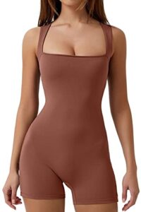 qinsen women's sexy tube top one piece jumpsuit square neck short length romper brown s