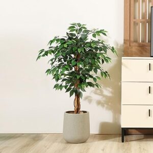 SOGUYI 4ft Artificial Ficus Tree with Natural Wood Trunk, Silk Fake Ficus Tree in Plastic Nursery Pot, Faux Plant for Office Home, Indoor Outdoor Decor, 1 Pack