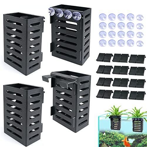 Uprony Aquarium Plant Holder 4 PCS Hanging Aquatic Plant Pot with 24 Hooks and 20 Suction Cups for Fish Tank Aquarium Planter and Aquascape Decorations (Black)