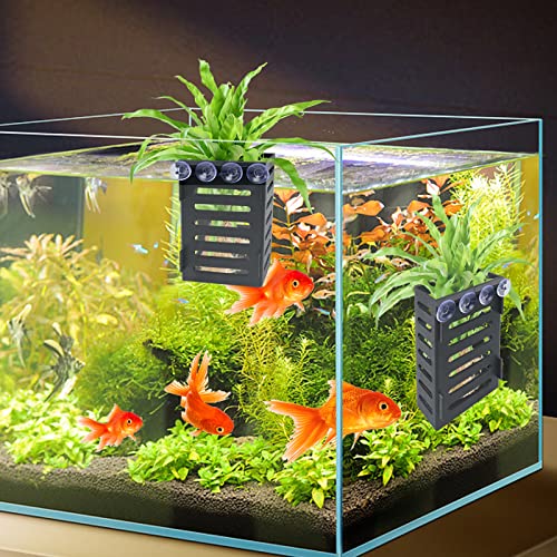 Uprony Aquarium Plant Holder 4 PCS Hanging Aquatic Plant Pot with 24 Hooks and 20 Suction Cups for Fish Tank Aquarium Planter and Aquascape Decorations (Black)