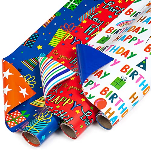 WRAPAHOLIC Reversible Birthday Wrapping Paper Roll - Mini Roll - 3 Rolls - 17 Inch X 120 Inch Per Roll - Happy Birthday Lettering and Gift Box for Kid's Birthday, Baby Shower