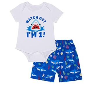 MOMMY'S NEW MAN Toddler Baby Boy 1st Birthday Shark Short Sleeve One Years Old Outfit + Short Cake Smash Bodysuit Set (shark 1, 18-24 Months)