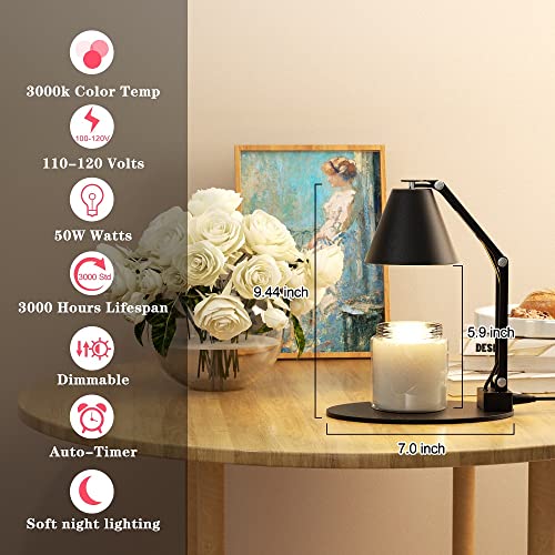 Candle Warmer Lamp, CFGROW Adjustable Dimmable Brightness Candle Warmer Lantern with Timer, Top Warming Candle Light for Scented Wax Melts, 2pcs 50W Bulb Included (Black)