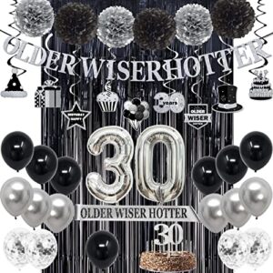 30th birthday decorations for him,black and silver older wiser hotter banner,sash,cake toppers,hanging swirl,foil fringe curtain,happy birthday balloons for men women thirty birthday party supplies