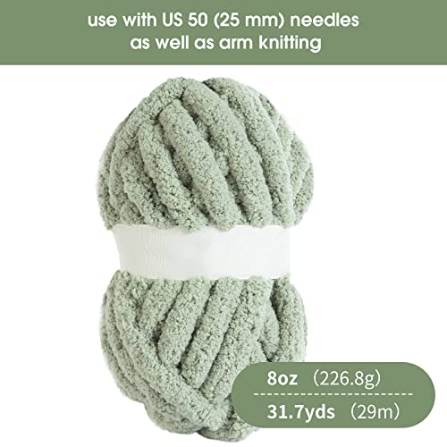 HOMBYS Sage Green Chunky Chenille Yarn for Crocheting, Bulky Thick Fluffy Yarn for Knitting,Super Bulky Chunky Yarn for Hand Knitting Blanket, Soft Plush Yarn, 8 Jumbo Pack (31.7 yds,8 oz Each Skein)