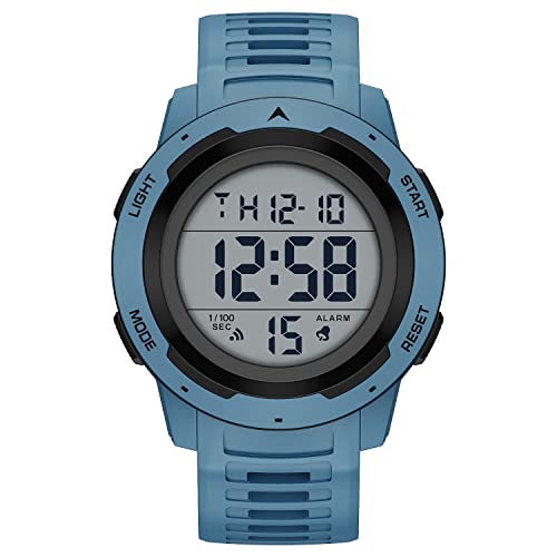 GOLDEN HOUR Mens Waterproof Digital Sport Watches Wide Screen Easy Read Display Military Style with Blue Rubber Strap