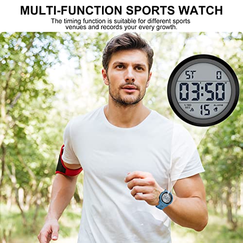 GOLDEN HOUR Mens Waterproof Digital Sport Watches Wide Screen Easy Read Display Military Style with Blue Rubber Strap