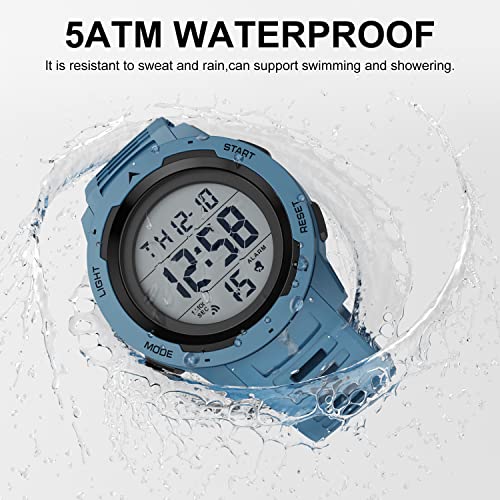 GOLDEN HOUR Mens Waterproof Digital Sport Watches Wide Screen Easy Read Display Military Style with Blue Rubber Strap