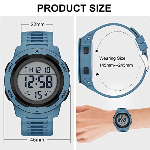 GOLDEN HOUR Mens Waterproof Digital Sport Watches Wide Screen Easy Read Display Military Style with Blue Rubber Strap