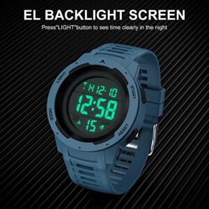 GOLDEN HOUR Mens Waterproof Digital Sport Watches Wide Screen Easy Read Display Military Style with Blue Rubber Strap
