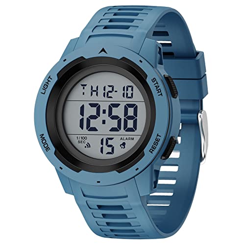 GOLDEN HOUR Mens Waterproof Digital Sport Watches Wide Screen Easy Read Display Military Style with Blue Rubber Strap