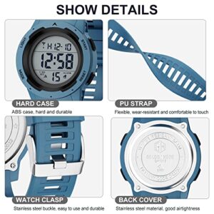 GOLDEN HOUR Mens Waterproof Digital Sport Watches Wide Screen Easy Read Display Military Style with Blue Rubber Strap