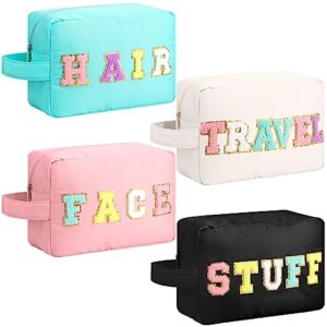 cunno 4 pieces large preppy makeup bag chenille letter patch makeup bag 11x8x5 inch nylon cosmetic bag portable zipper face bag cute girls toiletry bag for women travel (letter patches)