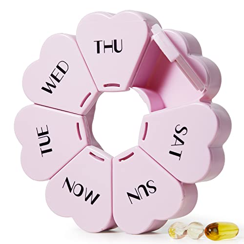 MOLN HYMY Cute Weekly Pill Box 7 Day, Heart Shaped Pill Case Organizer 1 time a Day, Purple Pink Pill Container Once Daily, Large Medicine Dispenser for Vitamin/Fish Oil/Medication/Supplements