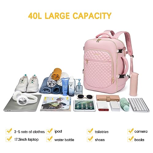 LOVEVOOK Large Travel Backpack Women,40L Flight Approved Carry On Backpack Fits for 17.3inch Laptop,Anti-Theft Large Casual Daypack with 3 Packing Cubes, Pink