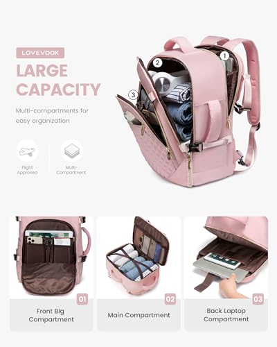 LOVEVOOK Large Travel Backpack Women,40L Flight Approved Carry On Backpack Fits for 17.3inch Laptop,Anti-Theft Large Casual Daypack with 3 Packing Cubes, Pink