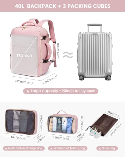 LOVEVOOK Large Travel Backpack Women,40L Flight Approved Carry On Backpack Fits for 17.3inch Laptop,Anti-Theft Large Casual Daypack with 3 Packing Cubes, Pink