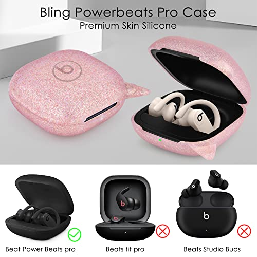 VISOOM Bling Powerbeats Pro Case Cover, Silicone Powerbeats Pro Cute Case Cover for Women Girl with Glitter Keychain for Powerbeats Pro Protector Case (Rose Gold)
