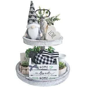 Mini Crate Farmhouse Tiered Tray Decor, Plaid Gnomes Plush Home Kitchen Decor,Mini Wood Gnome Set Decorations for Home, Christmas Home Table Decorations, Pluse Hearts Winter Decorations for Home