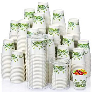 irenare 500 pack 2 oz paper cups with 2 pcs paper cup dispenser disposable bathroom mouthwash cups green leaf small hot cold beverage drinking cups for home kitchen holiday party event picnic travel