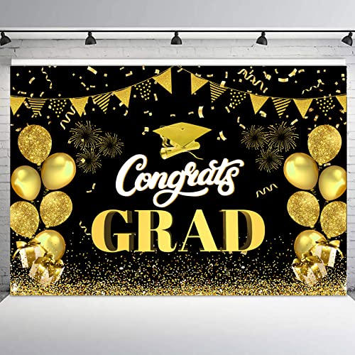 HVEST Congrats Grad Backdrop Black and Gold Balloon Class of 2023 Photography Background for Graduation Party Decorations Graduation Banner Cake Table Decor Photo Booth Props,7x5ft