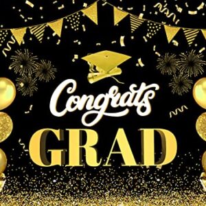 HVEST Congrats Grad Backdrop Black and Gold Balloon Class of 2023 Photography Background for Graduation Party Decorations Graduation Banner Cake Table Decor Photo Booth Props,7x5ft