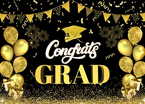 HVEST Congrats Grad Backdrop Black and Gold Balloon Class of 2023 Photography Background for Graduation Party Decorations Graduation Banner Cake Table Decor Photo Booth Props,7x5ft