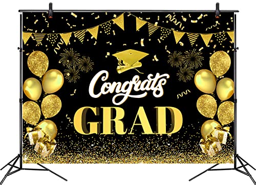 HVEST Congrats Grad Backdrop Black and Gold Balloon Class of 2023 Photography Background for Graduation Party Decorations Graduation Banner Cake Table Decor Photo Booth Props,7x5ft