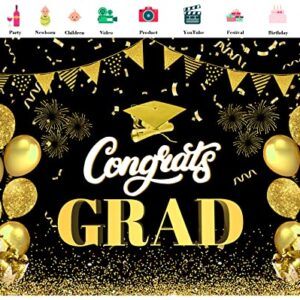 HVEST Congrats Grad Backdrop Black and Gold Balloon Class of 2023 Photography Background for Graduation Party Decorations Graduation Banner Cake Table Decor Photo Booth Props,7x5ft