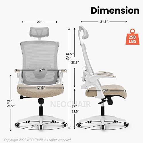 NEO CHAIR Office High Back Mesh Headrest Adjustable Height and Ergonomic Design Home Office Computer Desk Executive Lumbar Support Padded Flip-up Armrest Swivel (Beige)