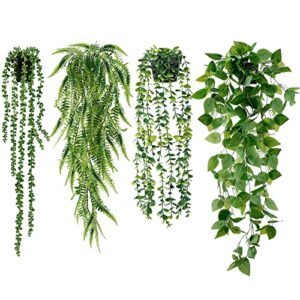 sggvecsy fake hanging plants 4 pack artificial hanging plants fake potted greenery faux eucalyptus vine string of pearls boston fern ivy vine leaves for home indoor outdoor shelf wall garden decor