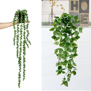 Sggvecsy Fake Hanging Plants 4 Pack Artificial Hanging Plants Fake Potted Greenery Faux Eucalyptus Vine String of Pearls Boston Fern Ivy Vine Leaves for Home Indoor Outdoor Shelf Wall Garden Decor