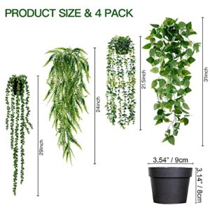 Sggvecsy Fake Hanging Plants 4 Pack Artificial Hanging Plants Fake Potted Greenery Faux Eucalyptus Vine String of Pearls Boston Fern Ivy Vine Leaves for Home Indoor Outdoor Shelf Wall Garden Decor