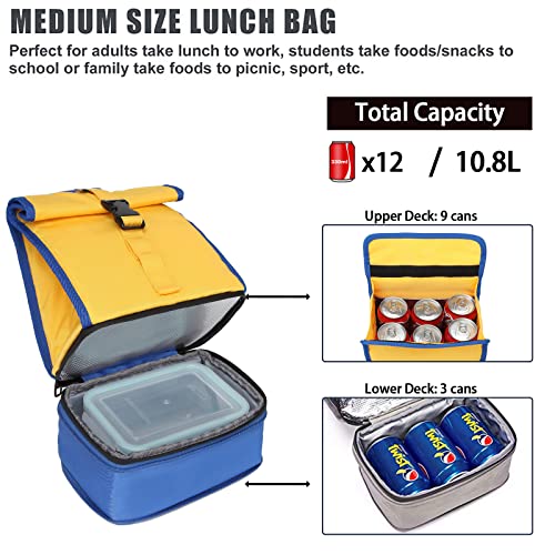 SUNNY BIRD Insulated Dual Compartment Lunch Bag Expandable Roll Top Lunch Box for Adult Women Girl Teen (Yellow, Medium)