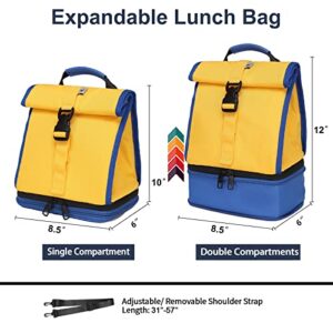 SUNNY BIRD Insulated Dual Compartment Lunch Bag Expandable Roll Top Lunch Box for Adult Women Girl Teen (Yellow, Medium)