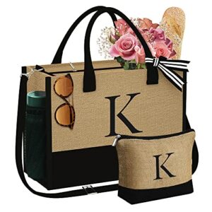 yoolife gifts for women - initial jute tote bag with makeup bag personalized gifts for women beach k initial tote bag with zipper birthday gifts for women bride teacher gifts mom birthday gifts