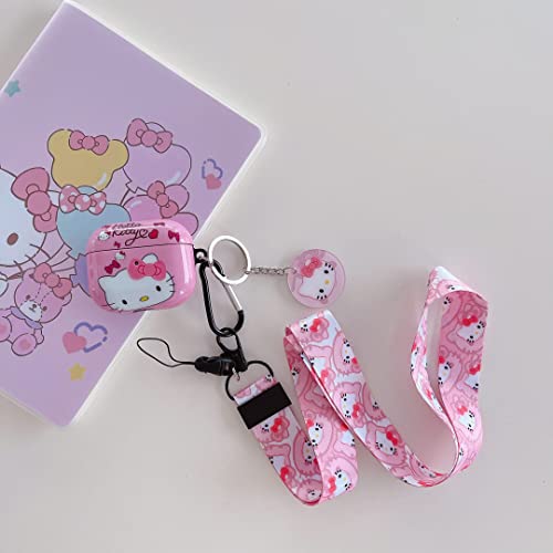 Cute Interesting Hello Cartoon Design Soft TPU Airpod 3rd Generation Case，with Unique Fashion Kawaii Pink Cat Lanyard Keychain，AirPod 3rd Case Cover for Women and Girls