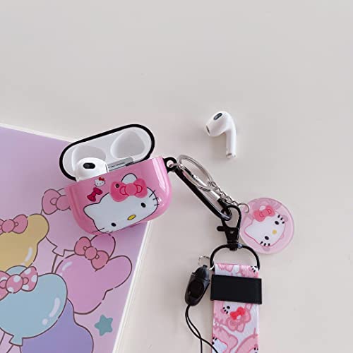 Cute Interesting Hello Cartoon Design Soft TPU Airpod 3rd Generation Case，with Unique Fashion Kawaii Pink Cat Lanyard Keychain，AirPod 3rd Case Cover for Women and Girls