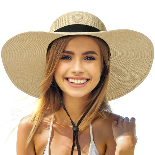 Foldable Beach Sun Hat for Women, UV Protection Wide Brim Straw Visor Hats, Fashionable Boho Hats for Girls, Outdoor Tribe Sun Hats for Travel Gardening Beach Light Khaki