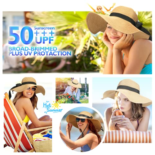 Foldable Beach Sun Hat for Women, UV Protection Wide Brim Straw Visor Hats, Fashionable Boho Hats for Girls, Outdoor Tribe Sun Hats for Travel Gardening Beach Light Khaki