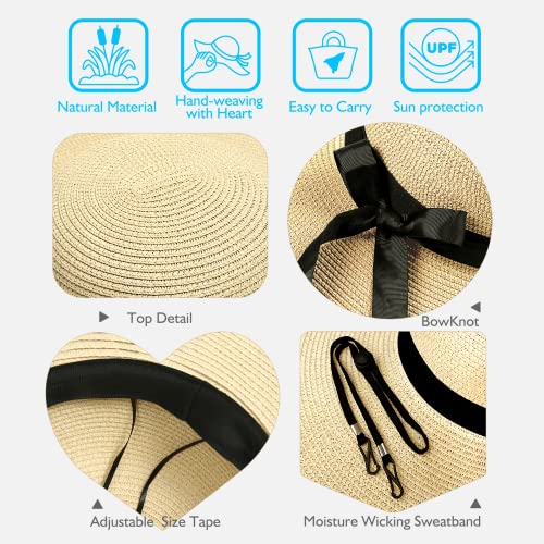 Foldable Beach Sun Hat for Women, UV Protection Wide Brim Straw Visor Hats, Fashionable Boho Hats for Girls, Outdoor Tribe Sun Hats for Travel Gardening Beach Light Khaki