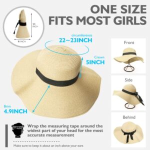 Foldable Beach Sun Hat for Women, UV Protection Wide Brim Straw Visor Hats, Fashionable Boho Hats for Girls, Outdoor Tribe Sun Hats for Travel Gardening Beach Light Khaki