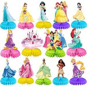 14 pieces princess themed party decorations, princess honeycomb centerpieces 3d double sided table cake toppers decorations birthday party supplies for kids girls baby shower