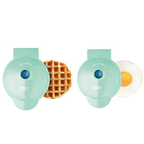 DASH Mini Maker Waffle Maker + Griddle, 2-Pack Griddle + Waffle Iron - Aqua & Deluxe Sous Vide Style Egg Bite Maker with Silicone Molds, Keto & Paleo Friendly, (1 large, 4 mini) - Aqua