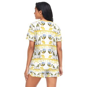 Yellow Flying Bee Dressed up Gnome Honeycomb on White Women's Pajamas 2 Piece Set, Crew Neck Soft Polyester Short Sleeve Nightwear, Lounge Comfy Sleepwear with Pockets for Women (XL)