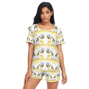 Yellow Flying Bee Dressed up Gnome Honeycomb on White Women's Pajamas 2 Piece Set, Crew Neck Soft Polyester Short Sleeve Nightwear, Lounge Comfy Sleepwear with Pockets for Women (XL)