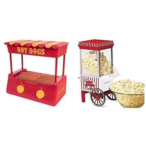 Nostalgia Countertop Hot Dog Roller and Warmer, 8 Regular Sized Hot Dogs & Vintage Table-Top Popcorn Maker, 12 Cups, Hot Air Popcorn Machine with Measuring Cap, Oil Free, White and Red