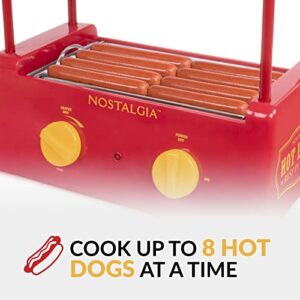 Nostalgia Countertop Hot Dog Roller and Warmer, 8 Regular Sized Hot Dogs & Vintage Table-Top Popcorn Maker, 12 Cups, Hot Air Popcorn Machine with Measuring Cap, Oil Free, White and Red